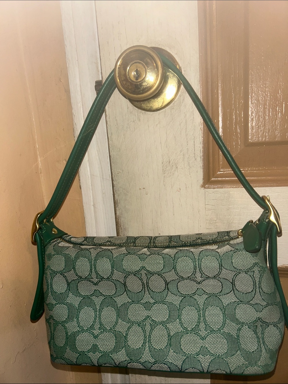 Coach Green Signature Jacquard Shoulder Bag with Leather Trim